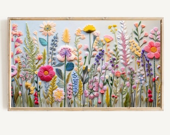 Spring Frame TV Art Instant Download | Wildflower Floral Embroidery Textured Art for TV Digital Download | Colorful Flowers for Spring