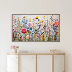 Spring Frame TV Art Instant Download Wildflower Floral Embroidery Textured Art for TV Digital Download Colorful Flowers for Spring image 2