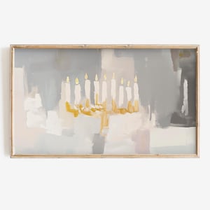 May include: Abstract painting of a menorah with lit candles in shades of white and gold against a grey and white background.