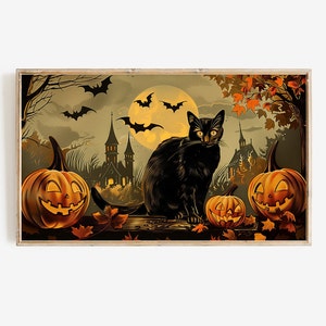 Halloween lijst tv-kunst | Retro zwarte kat digitale download kunstbestand | Vintage klassieke Halloween-kaartillustratie direct downloaden
