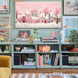 Xmas Frame TV Art Pink Christmas Village Digital Download Cute Pastel Holiday Houses Winter Art File for Tv image 3