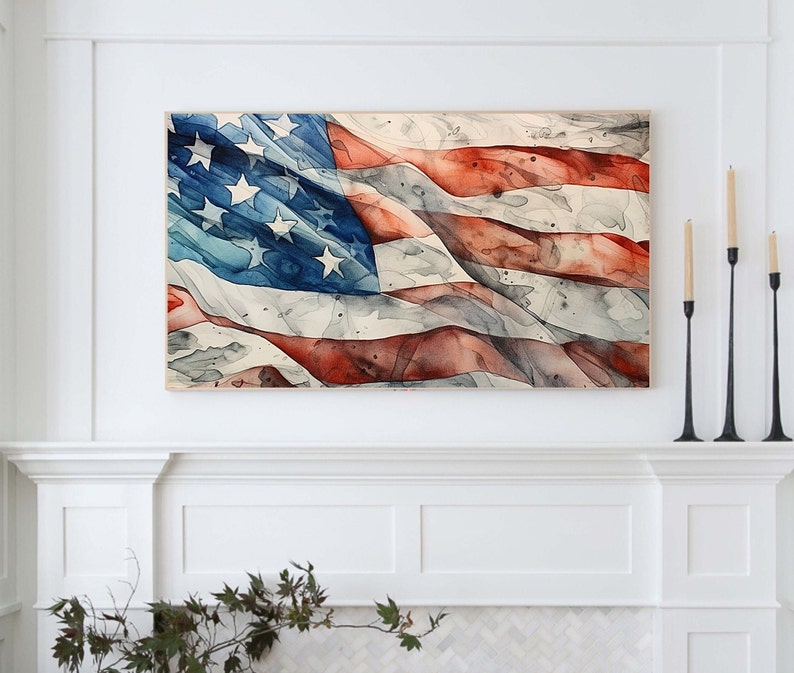 Frame TV Art Fourth of July Digital Download Painting, Independance Day Vintage American Flag Samsung Frame Tv Art, July 4th Party Display image 2