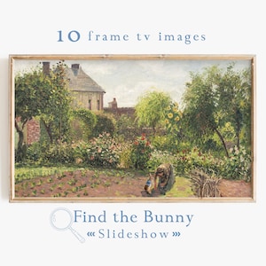 May include: A painting depicting a garden scene with a woman and a small rabbit. The garden is filled with flowers and trees, and there is a house in the background. The painting is framed in a wooden frame.