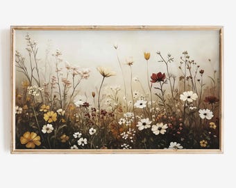 May include: A rectangular wall art print featuring a field of wildflowers in muted tones of cream, yellow, deep red, and brown. The illustration depicts various stems, grasses, and blossoms scattered across a soft, light-colored background.