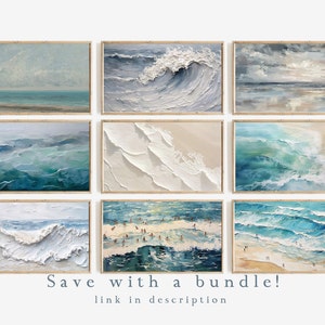 May include: A set of nine abstract ocean wave paintings in various shades of blue and white. The paintings are framed in natural wood and arranged in a grid pattern on a white wall. The text "Save with a bundle! link in description" is displayed below the paintings.