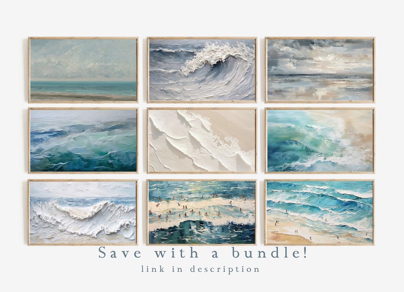 May include: A set of nine abstract ocean wave paintings in various shades of blue and white. The paintings are framed in natural wood and arranged in a grid pattern on a white wall. The text "Save with a bundle! link in description" is displayed below the paintings.