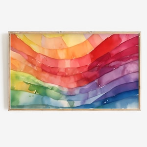 Puede incluir: Pintura abstracta de acuarela con un esquema de colores arcoíris. Los colores están dispuestos en un patrón ondulado, creando una sensación de movimiento y energía.