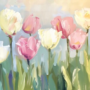 May include: A painting of a bouquet of pink and white tulips with green stems and leaves against a light blue background.