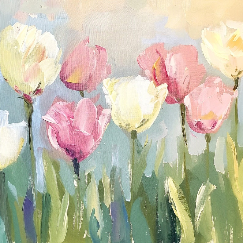 May include: A painting of a bouquet of pink and white tulips with green stems and leaves against a light blue background.