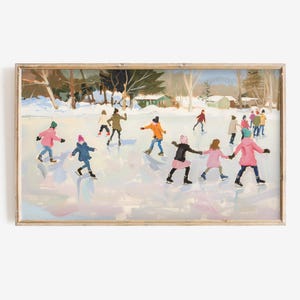 May include: A painting depicting children ice skating on a frozen lake. The children are wearing colourful winter clothing and are skating in a group. The lake is surrounded by trees and snow. The painting is executed in a loose, impressionistic style.