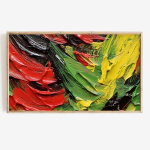 May include: Abstract painting with thick strokes of red, green, and yellow paint. The colors are vibrant and the brushstrokes are visible.