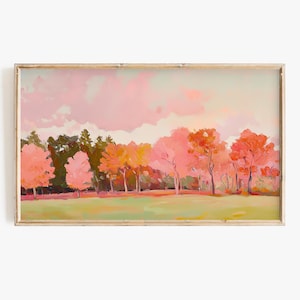 Op de afbeelding: Een schilderij van een landschap met een rij bomen in tinten roze, oranje en geel. De bomen staan voor een veld met groen gras en een roze en blauwe lucht.