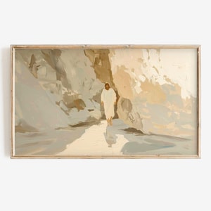 May include: A painting depicting a figure in a white robe walking through a rocky landscape. The artwork is painted in muted tones of beige, brown, and grey.