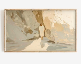 Könnte beinhalten: Ein Gemälde, das eine Person in einem weißen Gewand zeigt, die durch eine felsige Landschaft geht. Das Gemälde ist in gedeckten Farben gehalten, in Beige, Braun und Grau.