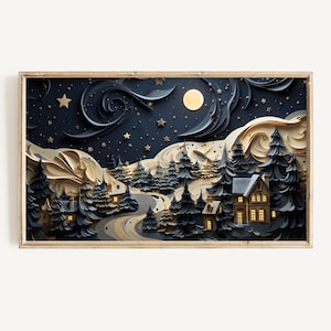 Winter Frame TV Art | Christmas Village Digital Download | Holiday Houses Winter Dark Toned 3D Art File for Tv | Gold Xmas Decor