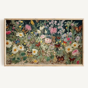 Samsung Frame TV Art Wildflowers Butterfly Garden, Spring Dark Botanical Digital Download, Jewel Toned Floral Painting for Tv Wallpaper Art