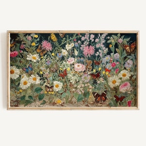 Samsung Frame Tv Art Wildflowers Butterfly Garden, Spring Dark Botanical Digital Download, Jewel Toned Floral Painting for Tv Wallpaper Art