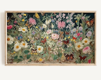 Samsung Frame Tv Art Wildflowers Butterfly Garden, Spring Dark Botanical Digital Download, Jewel Toned Floral Painting for Tv Wallpaper Art