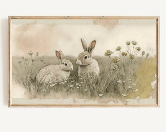 Oeuvres d'art pour télévision avec cadre de Pâques | vintage Spring Bunny aquarelle peinture aux tons neutres Téléchargement numérique instantané | Art rustique de lapin de Pâques