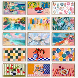 Op de afbeelding: Een verzameling ingelijste kunstdrukken met kleurrijke, impressionistische schilderijen. De kunstwerken tonen verschillende sc&egrave;nes, waaronder kustlandschappen, stillevens met fruit en bloemen en abstracte patronen. De prints worden gepresenteerd met houten frames.