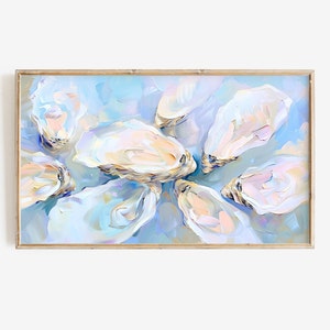 May include: A painting of oyster shells in shades of blue, white, and pink. The shells are arranged in a cluster, with some overlapping. The background is a light blue with hints of purple and yellow.
