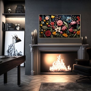 Samsung Frame TV 3D Art, Wildflowers Butterfly Garden, Spring Dark Botanische Digitale Download, Jewel Toned Floral Painting voor TV Wallpaper afbeelding 4