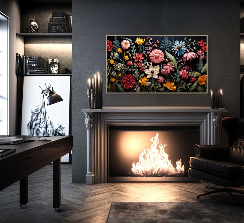 Samsung Frame TV 3D Art, Wildflowers Butterfly Garden, Spring Dark Botanische Digitale Download, Jewel Toned Floral Painting voor TV Wallpaper afbeelding 4