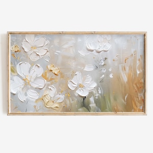 Frame Tv Art Abstract Flower Painting, Floral Painting Digital Download, Textured 3D Wildflower Art for Frame TV with Neutral Tones