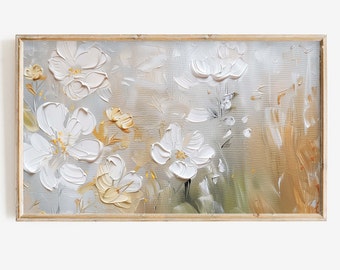 Frame TV Art Abstract Flower Painting, Floral Painting Digital Download, Textured 3D Wildflower Art for Frame TV with Neutral Tones