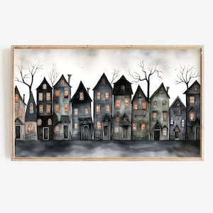 Halloween Frame Tv Art, Haunted House Painting Digital Download, Classic Spooky Halloween Village Tv Art File