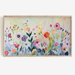 Può includere: Un dipinto astratto colorato di un campo di fiori in tonalità di rosa, viola, rosso, giallo e blu. I fiori sono dipinti in uno stile sciolto e impressionistico, e lo sfondo è un verde pallido morbido.