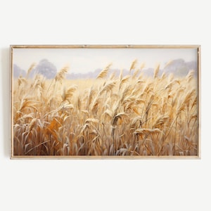May include: A painting of a field of tall, golden grass blowing in the wind. The grass is a light brown color and the background is a soft, hazy blue.