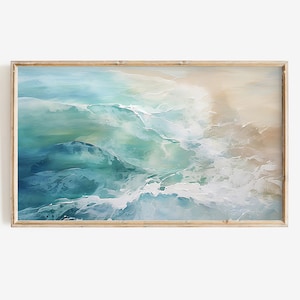 A Frame TV Abstract painting of ocean waves in shades of blue, green, and white. The waves are crashing and foaming, creating a sense of movement and energy.