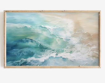 Samsung Frame TV Art Summer Abstract Ocean Waves Seascape Instant Digital Download Beach Painting, Blue Cool Toned Textured Tv Screensaver