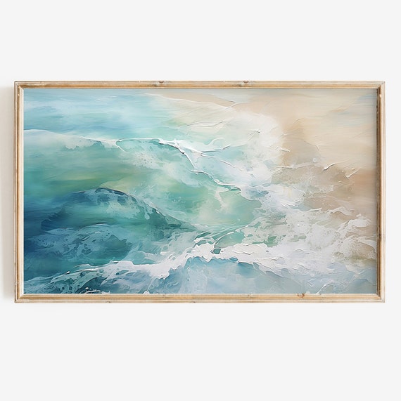 Samsung Frame Tv Art Summer Abstract Ocean Waves Seascape Instant Digital Download Beach Painting, Blue Cool Toned Textured Tv Screensaver
