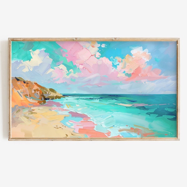 Frame TV Summer Art | Colorful Beach Seascape Instant Digital Download Painting | Textured Cute Pastel Art for Tv