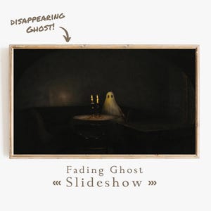 May include: A white ghost figure sits at a table with two lit candles in a dark room. The text "Disappearing Ghost!" is written in the top left corner of the image.