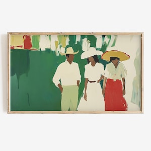 May include: A painting depicting three figures wearing hats. The figures are standing in front of a green background. The figure on the left is wearing a brown hat, the figure in the middle is wearing a white hat, and the figure on the right is wearing a yellow hat. The painting is executed in a loose, impressionistic style.