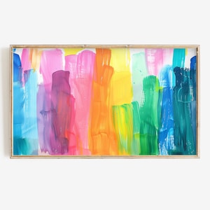 May include: Abstract painting in a wooden frame with colorful vertical brushstrokes in shades of blue, green, yellow, orange, pink, and purple.