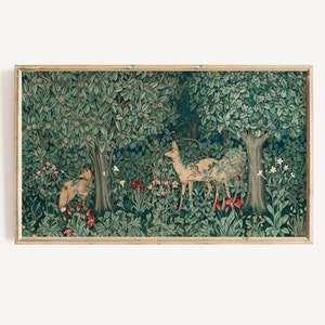 フレームテレビ用ヴィンテージアート | アンティークタペストリー | 森の植物デジタルダウンロード | Samsungフレームテレビ用フォレストディア＆フォックススプリングアート