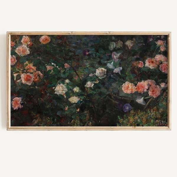 Frame TV Art Dark Floral Digital Download, Spring Botanical Vintage Rose Painting, Wildflower Art for Tv, Dark Moody Tones