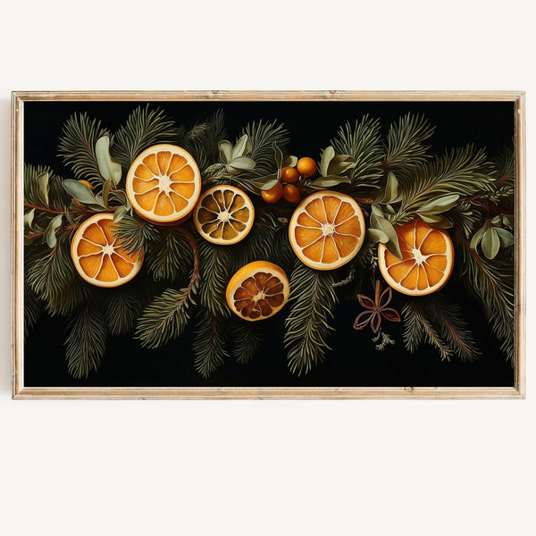 Frame TV Art Vintage Christmas Digital Download | Holiday Botanical Citrus Garland Art File | Deep Toned Orange Slice Wreath Painting for Tv