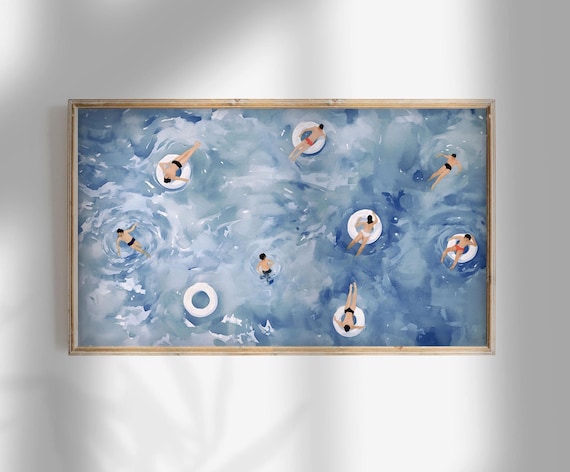 Summer Frame Tv Art | Tiny People River Tubing & Swimming at Pool or Beach Tv Digital Download | Pop Art Tv Background Watercolor Artwork