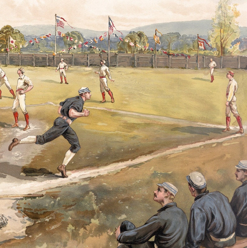 May include: A vintage illustration of a baseball game in progress. The players are wearing white uniforms with red accents. The field is green and the sky is blue. There are flags and bunting in the background.