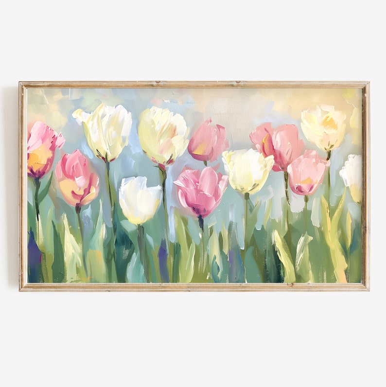 A Spring Frame TV painting of a row of pink and white tulips with green stems and leaves against a light blue background.