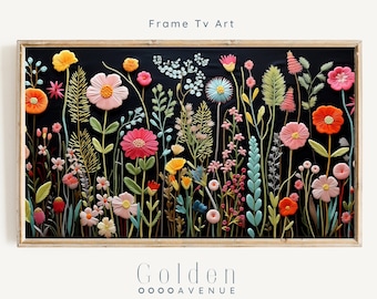 Art mural printanier à téléchargement immédiat | Art texturé broderie florale de fleurs sauvages pour téléviseur Samsung | Téléchargement numérique | Fleurs colorées
