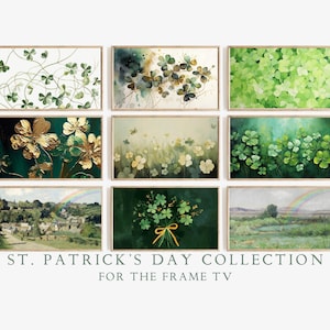 Puede incluir: Una colección de nueve impresiones de arte digital que presentan diversas representaciones de tréboles, un símbolo del Día de San Patricio. Las impresiones están enmarcadas en un marco de madera claro y dispuestas en una cuadrícula. Las impresiones son perfectas para agregar un toque de encanto irlandés a la decoración de tu hogar.