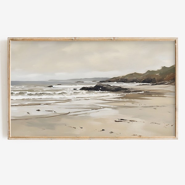 Frame TV Vintage Beach Painting Instant Digital Download | Neutral Toned Landscape Ocean Art File | Summer Coastal Sea Frame TV Art