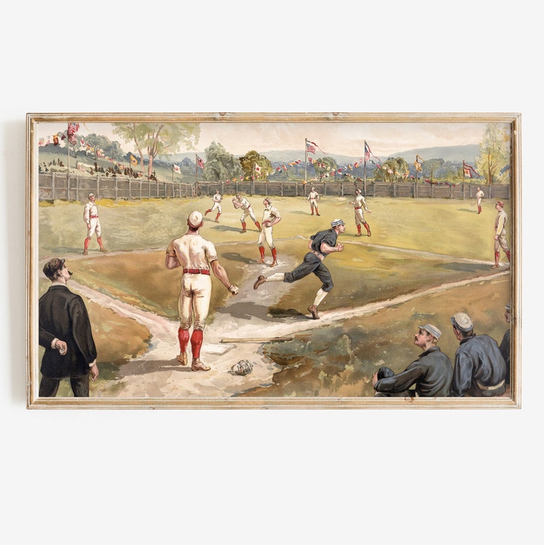 A vintage illustration for the Frame Tv of a baseball game. The players are wearing white uniforms with red accents. The field is green with brown dirt paths. There are flags in the background. The players are in various positions, including running, batting, and fielding. Two people are watching the game from the sidelines.