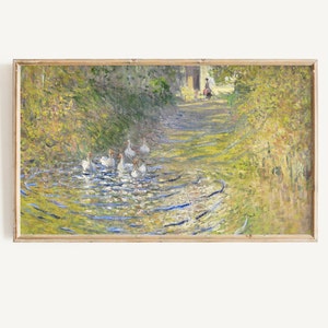 Könnte beinhalten: Ein Gemälde, das eine Gruppe weißer Enten zeigt, die in einem Teich schwimmen. Der Teich ist von grünen Bäumen und Büschen umgeben. Das Wasser ist hellblau und hat Wellen auf der Oberfläche. Die Enten schwimmen im Kreis, und ihre weißen Federn sind im Sonnenlicht sichtbar.